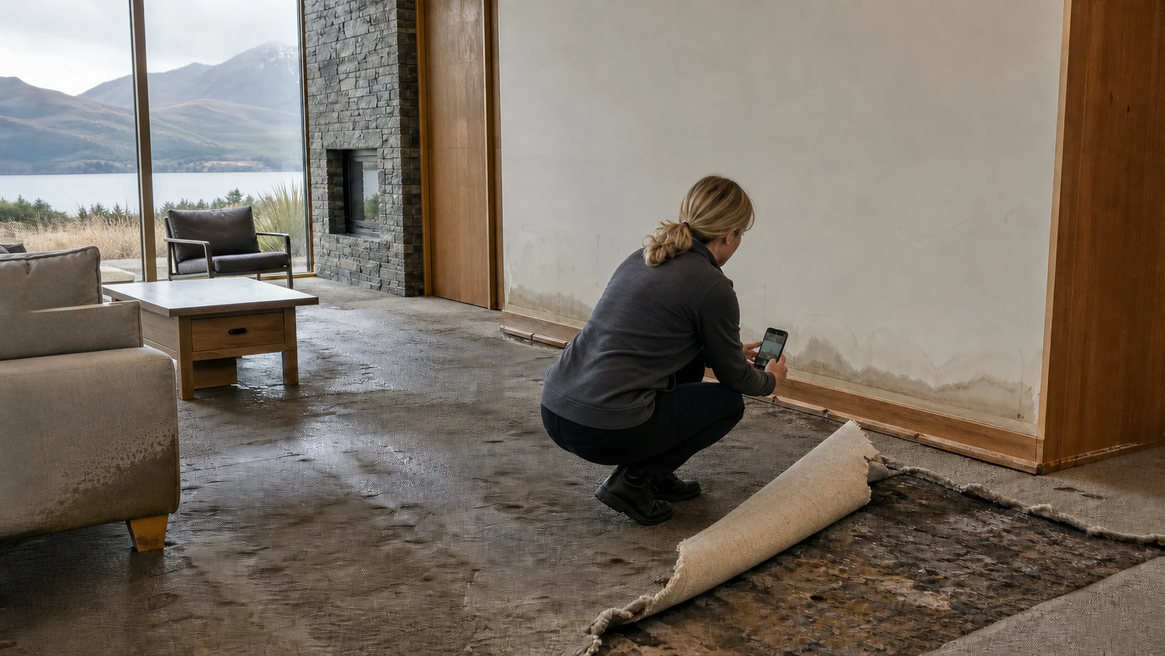 A homeowner photographing water-damaged carpet and walls for an insurance claim