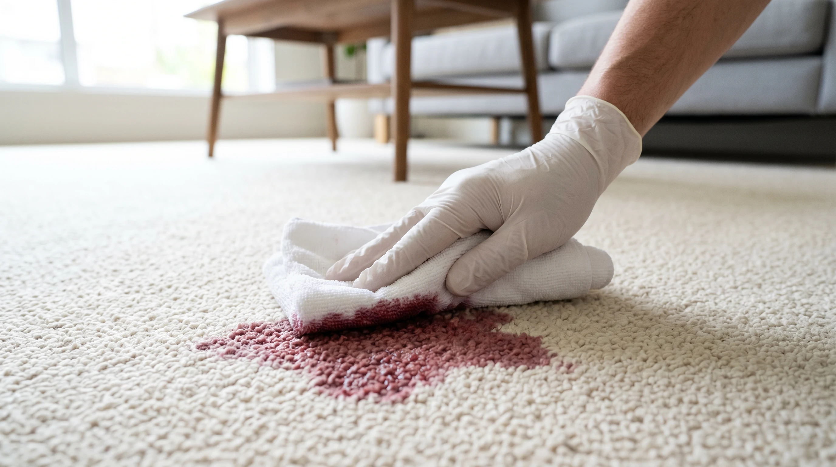 Red wine spill on white carpet