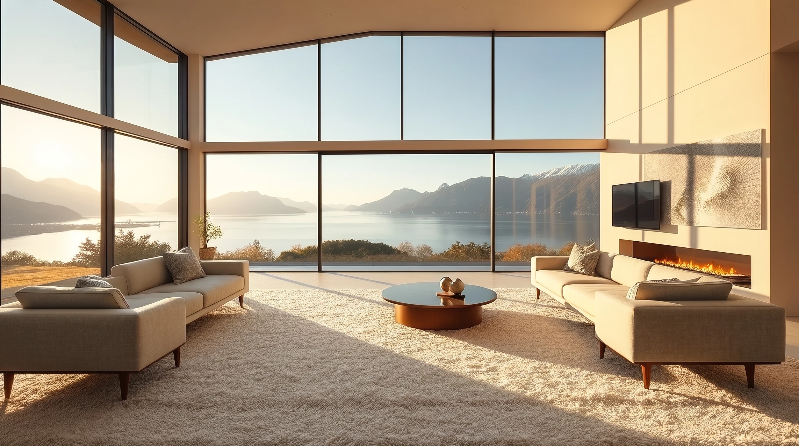 Luxurious sun-drenched living room with plush carpet overlooking Queenstown mountains